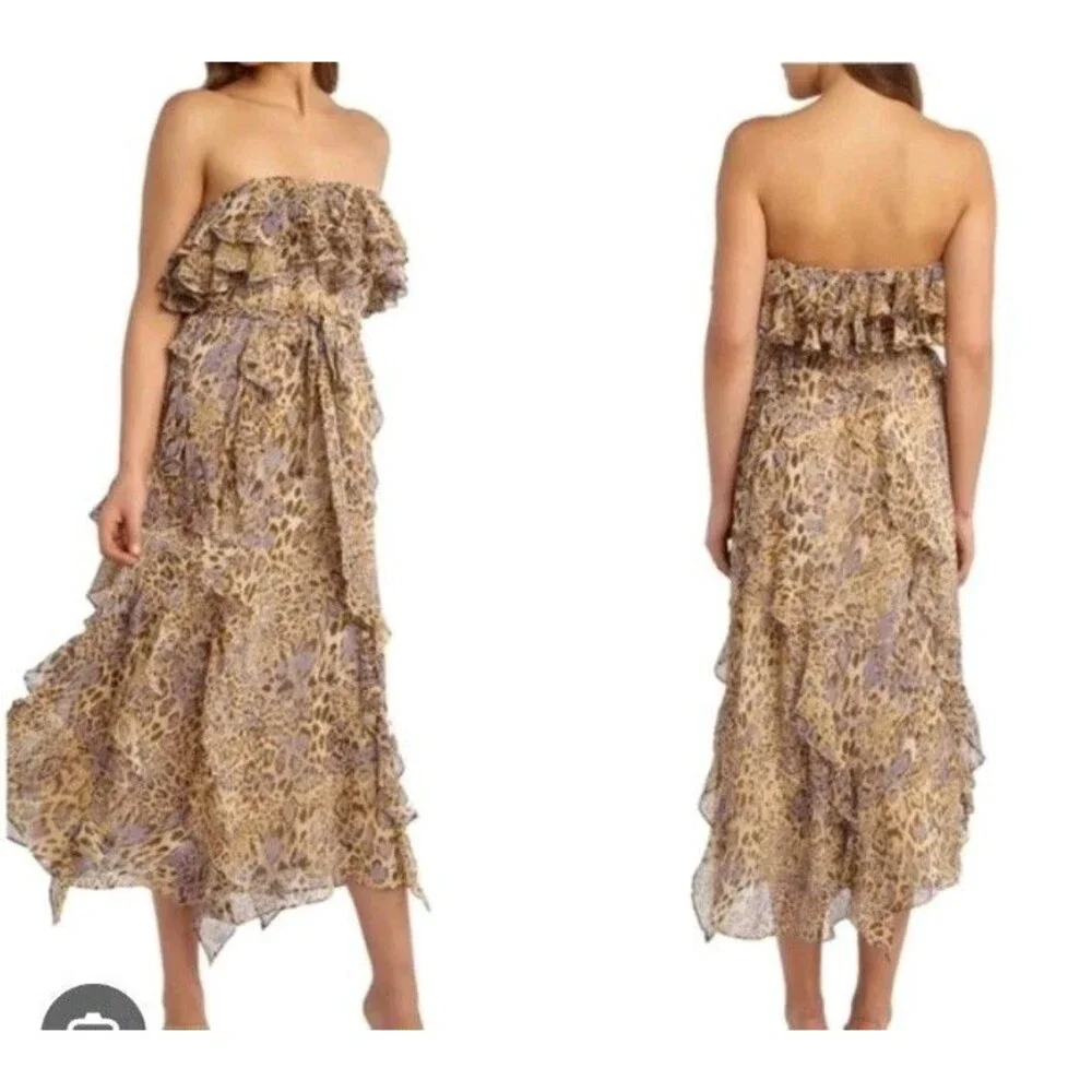 Bardot Junior Girls 10 Midi Tiered Chiffon Dress Animal Print Ruffled Straps/Tie